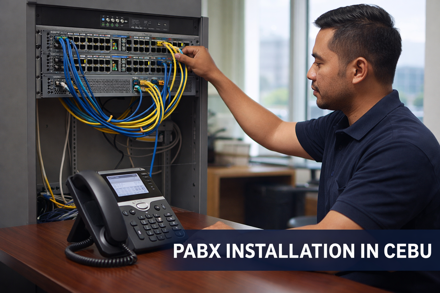 PABX installation in Cebu with technician setting up business telephone system and network equipment