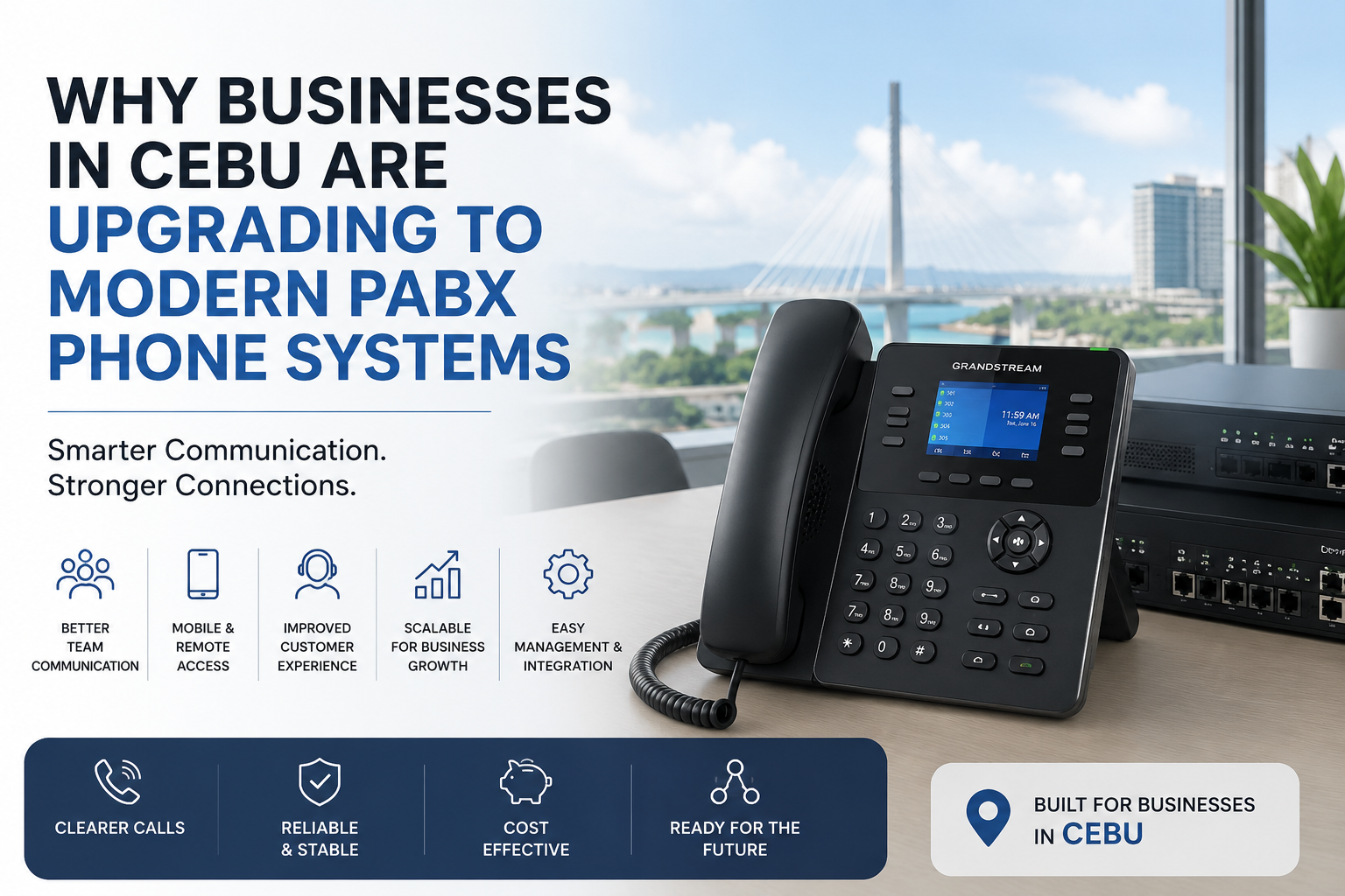 Modern PABX phone system setup for Cebu businesses featuring an IP phone, network equipment, and communication benefits like scalability, customer support, and remote access.