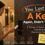 3 Things to Know Before Installing a Smart Electronic Doorlock Modern hotel office interior with warm lighting, showcasing a reception desk, digital security systems, and comfortable guest amenities, emphasizing hospitality and professional smart lock solutions.