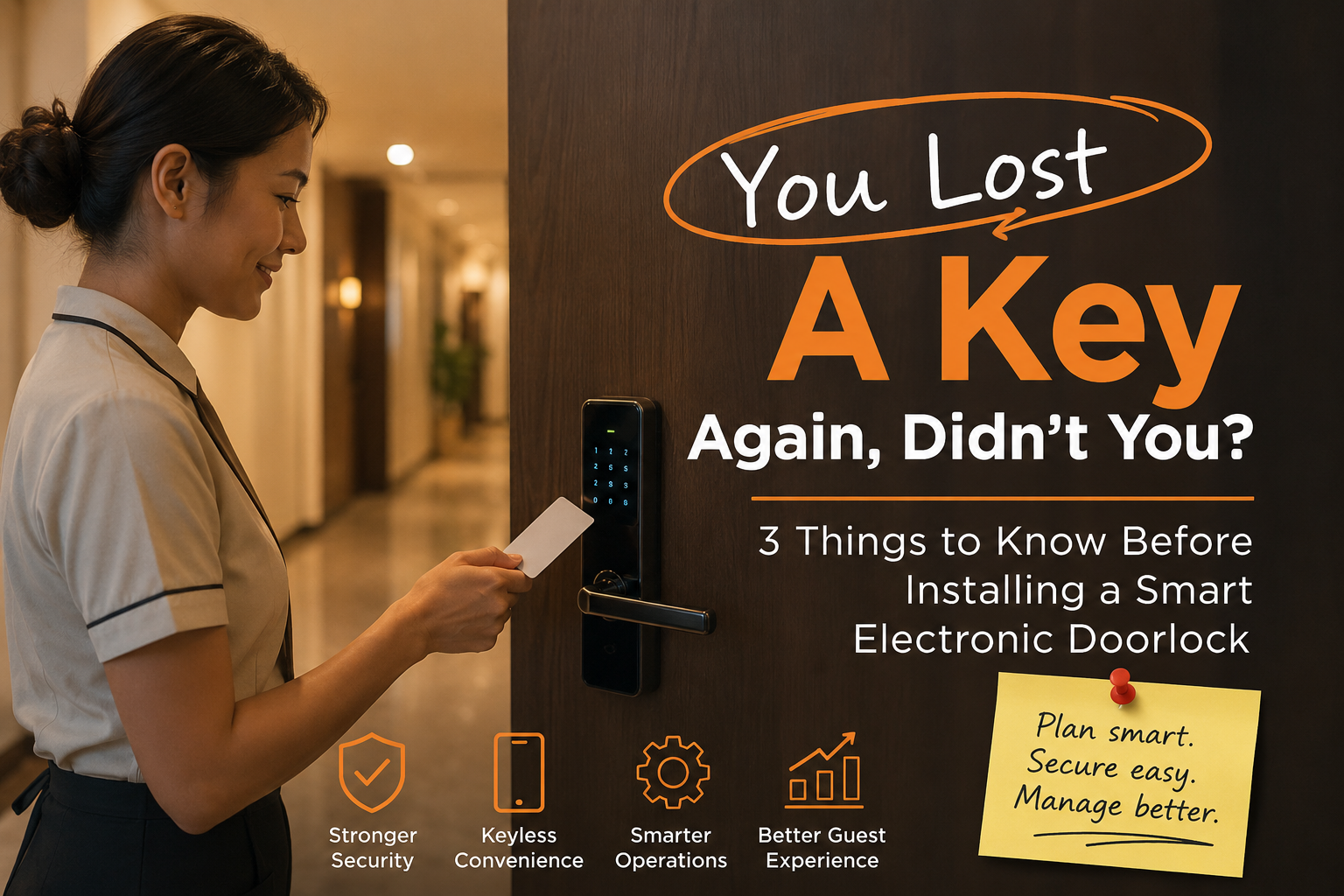 Modern hotel office interior with warm lighting, showcasing a reception desk, digital security systems, and comfortable guest amenities, emphasizing hospitality and professional smart lock solutions.