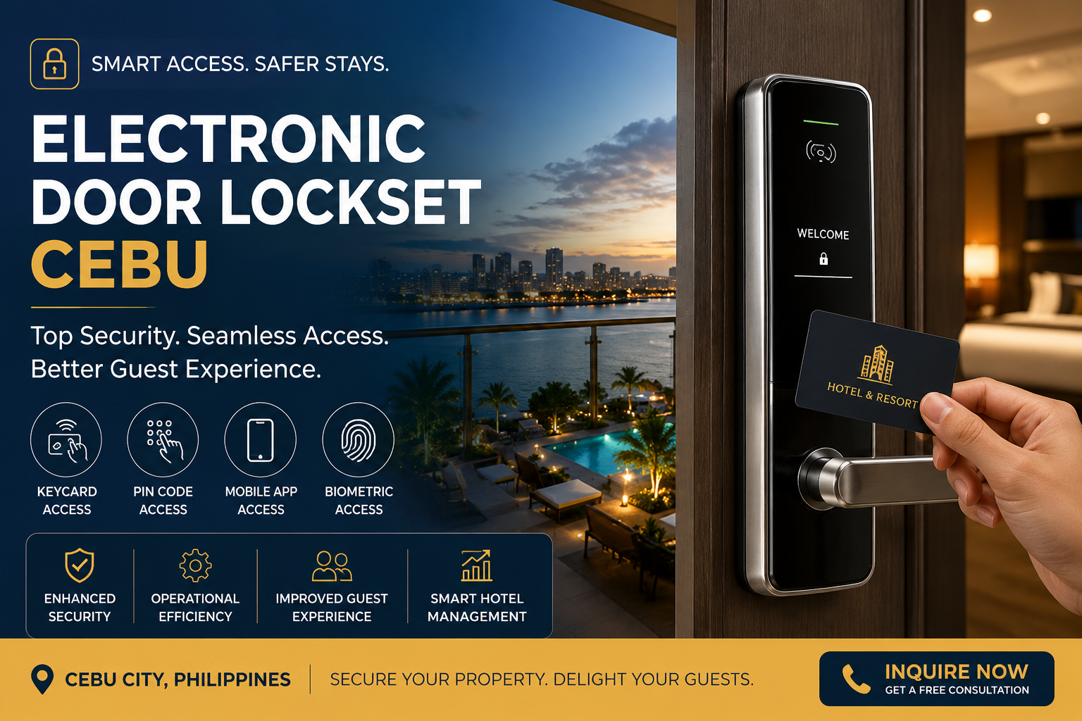Modern electronic door lockset for hotels and resorts in Cebu, enhancing security and guest access.