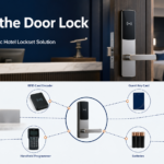 Beyond the Door Lock: Understanding the Complete Electronic Hotel Lockset Solution Complete electronic hotel lockset solution showing lock management software, RFID card encoder, guest and staff cards, energy saver, handheld programmer, batteries, override key, and electronic door lock.