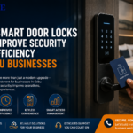 How Smart Door Locks Can Improve Security and Efficiency in Cebu Businesses Wide professional marketing blog header for Above Infranet, featuring CCTV cameras, smart locks, network cables, and office technology, representing IT and security solutions for Cebu businesses.