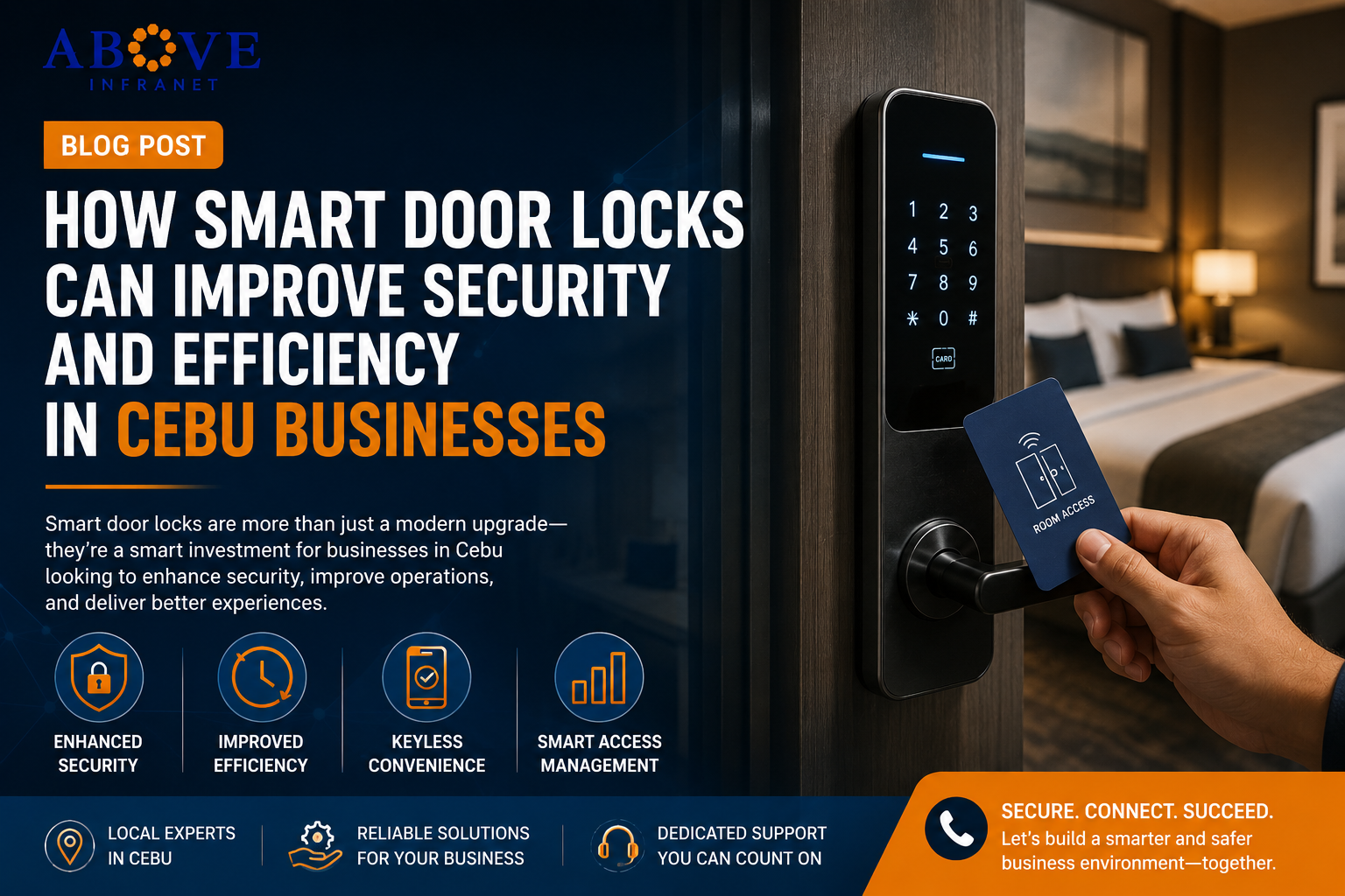 Wide professional marketing blog header for Above Infranet, featuring CCTV cameras, smart locks, network cables, and office technology, representing IT and security solutions for Cebu businesses.