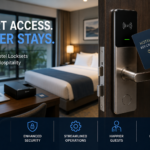 How Electronic Hotel Locksets Simplify Guest Access and Hotel Operations Electronic hotel lockset with RFID key card, hotel room, lock management software, and card encoder for secure guest access and efficient hotel operations.