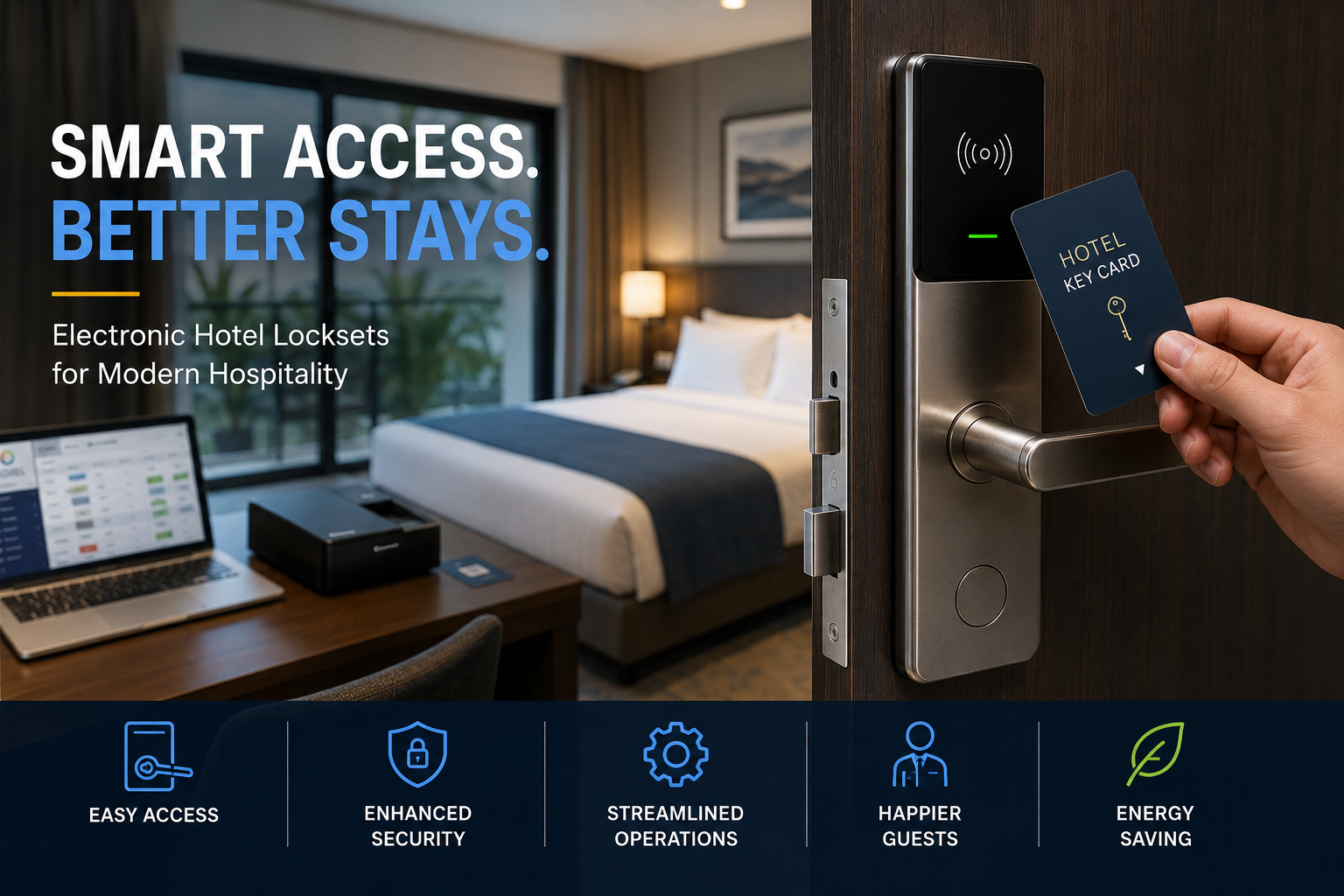 Electronic hotel lockset with RFID key card, hotel room, lock management software, and card encoder for secure guest access and efficient hotel operations.