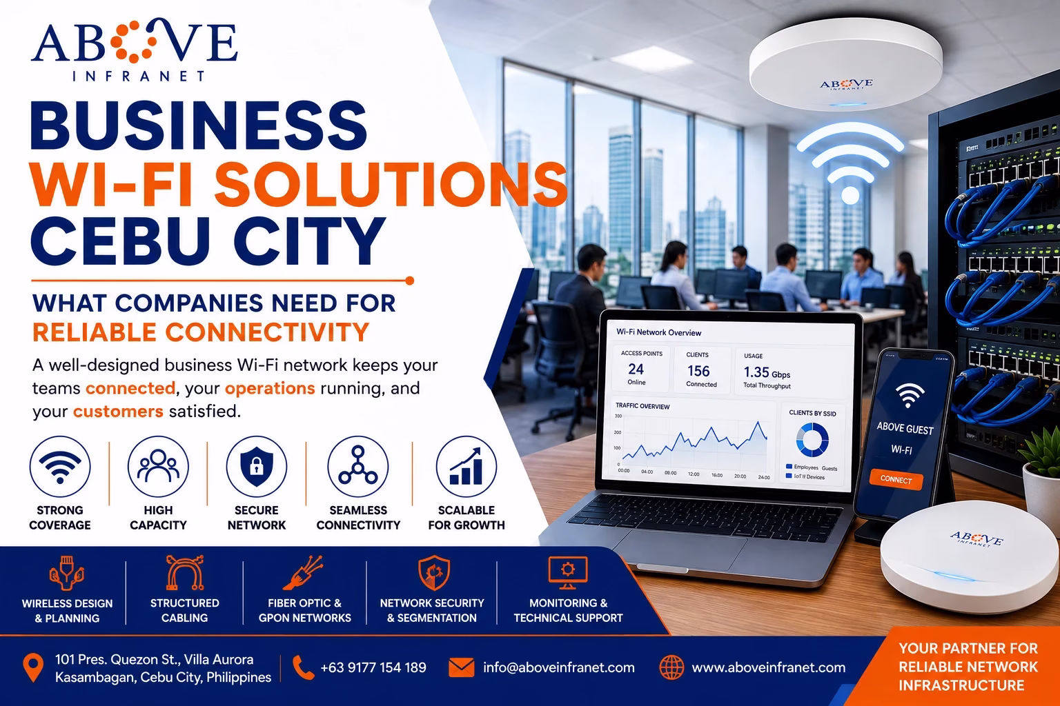 Business Wi-Fi solutions in Cebu City featuring enterprise access points, network equipment, structured cabling, and reliable wireless connectivity for offices.