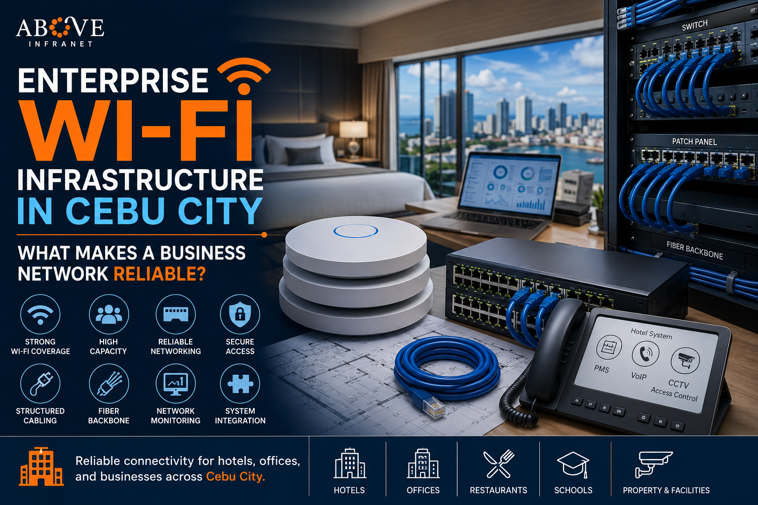 Reliable enterprise Wi-Fi starts with properly planned wireless coverage, network capacity, structured cabling, switching, security, and system integration.
