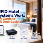 How RFID Hotel Lock Systems Work: From Key Cards to Electronic Door Locks RFID hotel lock system showing hotel lock software, card encoder, RFID key card, and electronic hotel door lock working together.