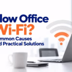 Slow office Wi-Fi with weak wireless connectivity.