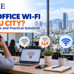 Slow Office Wi-Fi in Cebu City? Common Causes and Practical Solutions Slow office Wi-Fi in Cebu City with weak wireless connectivity, an office worker experiencing network issues, and business Wi-Fi access points designed to improve coverage and performance.